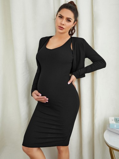 Maternity V-neck Solid Split Hem Sleeveless Dress With Coat