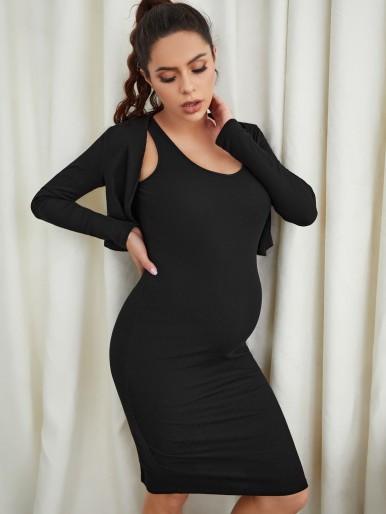 Maternity V-neck Solid Split Hem Sleeveless Dress With Coat