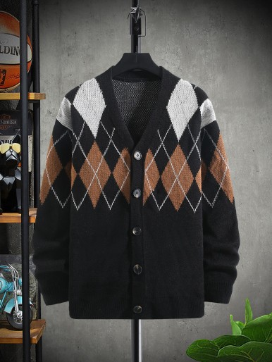 Men Argyle Pattern Drop Shoulder Cardigan