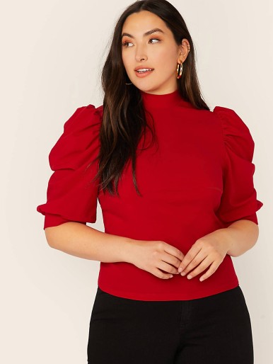 Plus Mock-neck Puff Sleeve Solid Top