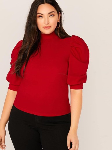 Plus Mock-neck Puff Sleeve Solid Top