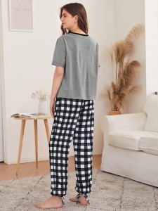 Slogan Graphic Tee & Knot Hem Gingham Pants PJ Set