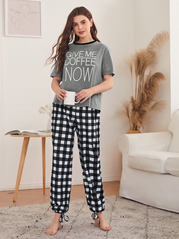 Slogan Graphic Tee & Knot Hem Gingham Pants PJ Set