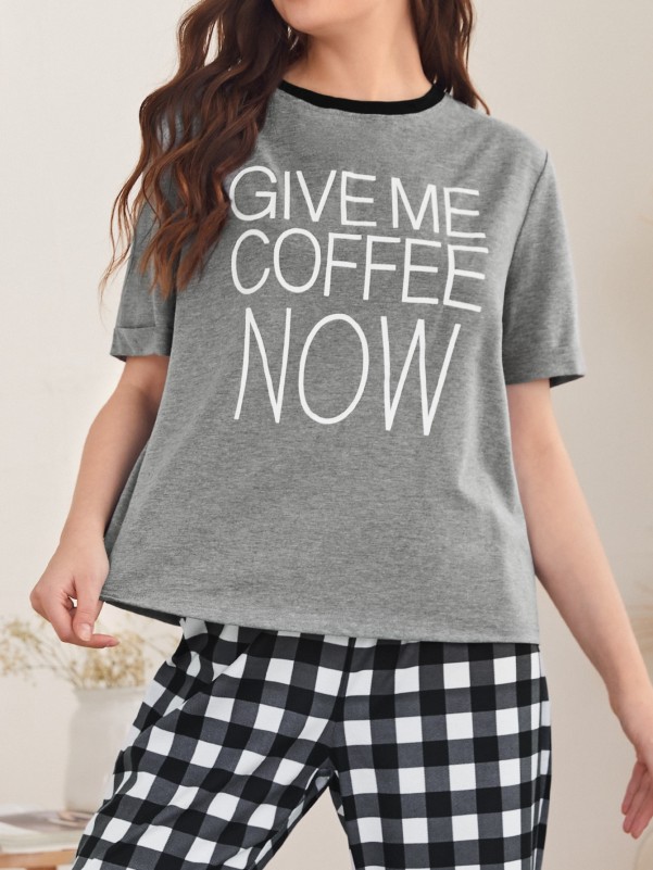 Slogan Graphic Tee & Knot Hem Gingham Pants PJ Set