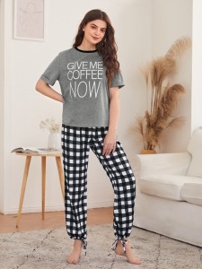 Slogan Graphic Tee & Knot Hem Gingham Pants PJ Set