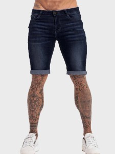 Men Solid Roll-up Hem Washed Denim Shorts