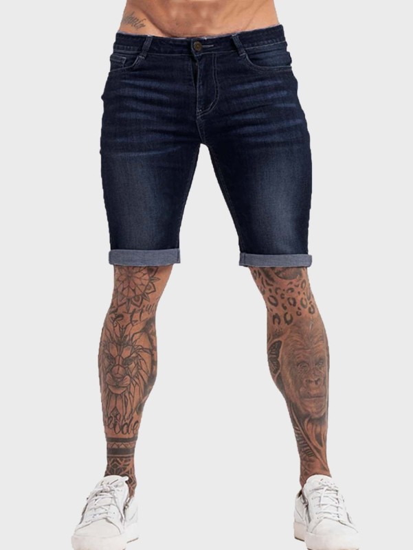 Men Solid Roll up Hem Washed Denim Shorts