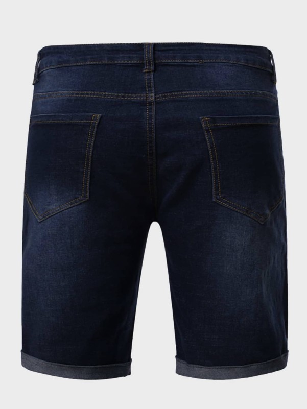 Men Solid Roll-up Hem Washed Denim Shorts