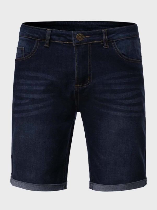 Men Solid Roll-up Hem Washed Denim Shorts