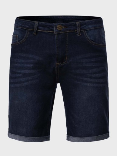 Men Solid Roll-up Hem Washed Denim Shorts