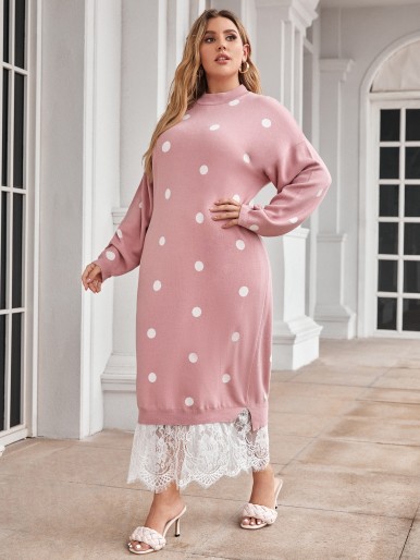 Plus Polka Dot Pattern Contrast Lace Sweater Dress