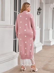 Plus Polka Dot Pattern Contrast Lace Sweater Dress