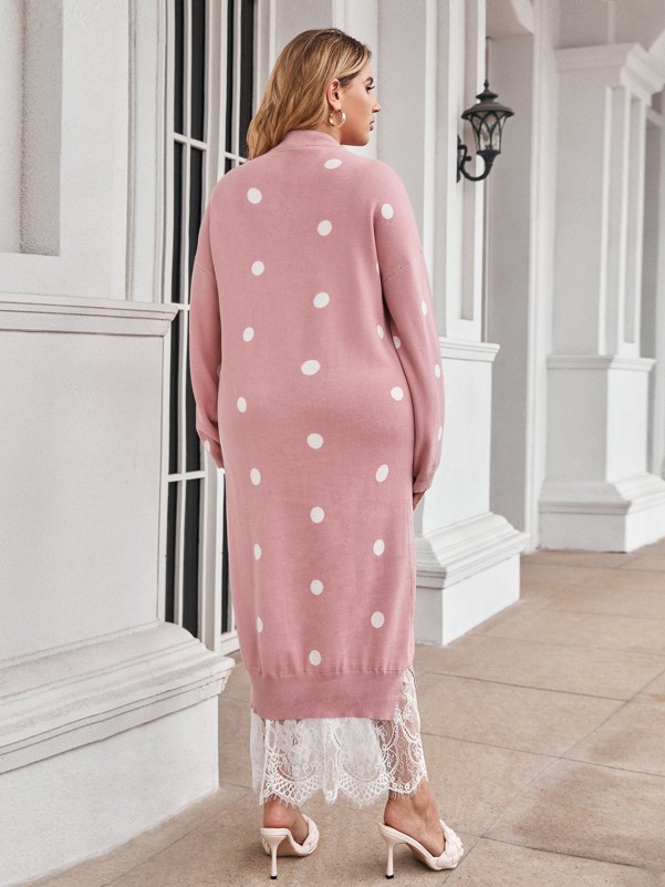 Plus Polka Dot Pattern Contrast Lace Sweater Dress