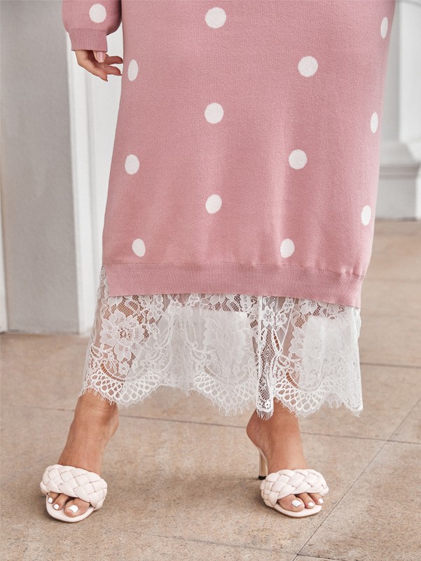 Plus Polka Dot Pattern Contrast Lace Sweater Dress