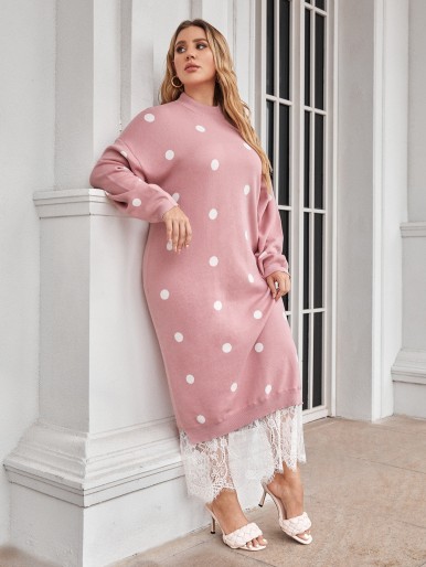 Plus Polka Dot Pattern Contrast Lace Sweater Dress