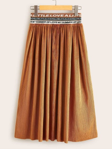 Slogan Print Waist Plisse Velvet Skirt
