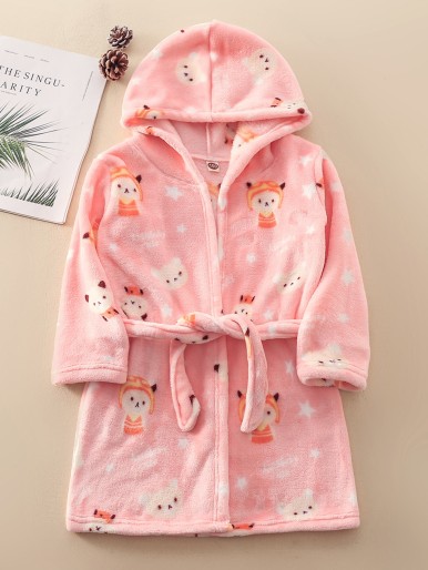 Toddler Girls Flannel Cartoon Graphic Belted Hooded Robe