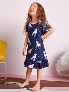 Toddler Girls Snowflake & Unicorn Print Ruffle Hem Sleep Dress