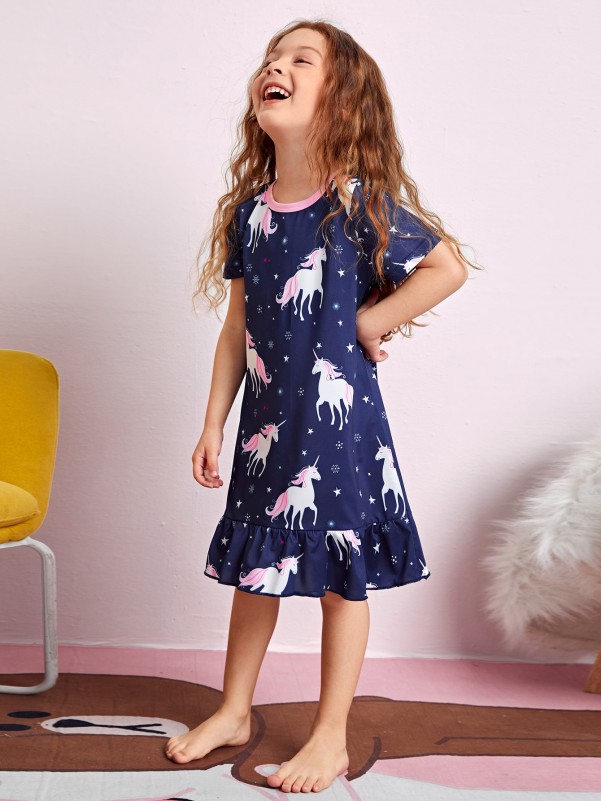 Toddler Girls Snowflake & Unicorn Print Ruffle Hem Sleep Dress