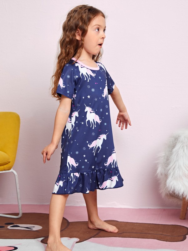 Toddler Girls Snowflake & Unicorn Print Ruffle Hem Sleep Dress