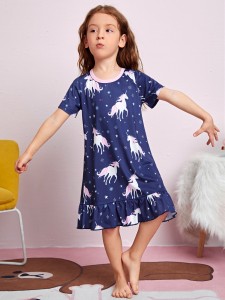 Toddler Girls Snowflake & Unicorn Print Ruffle Hem Sleep Dress