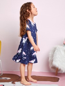 Toddler Girls Snowflake & Unicorn Print Ruffle Hem Sleep Dress