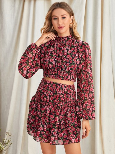 Maternity Floral Shirred Top & Ruffle Hem Skirt Set