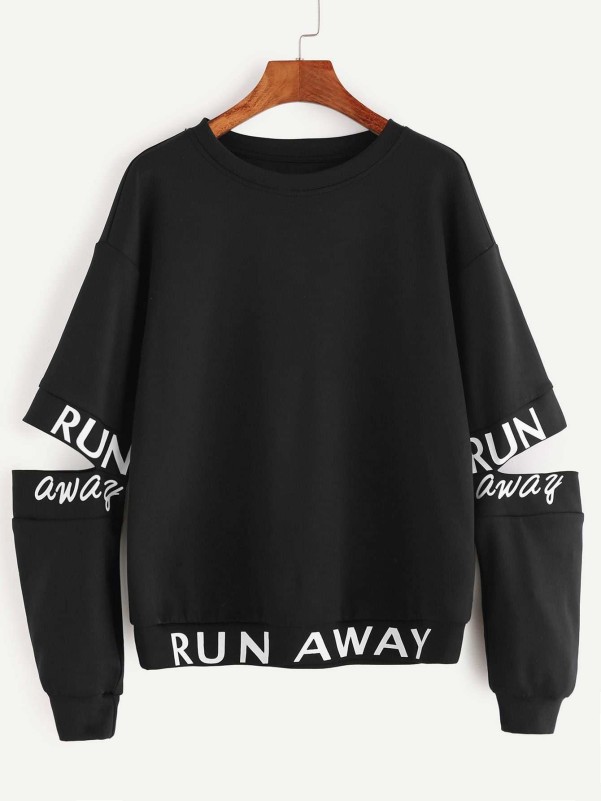 Letter Print Open Elbow Dropped Shoulders Sweatshirt