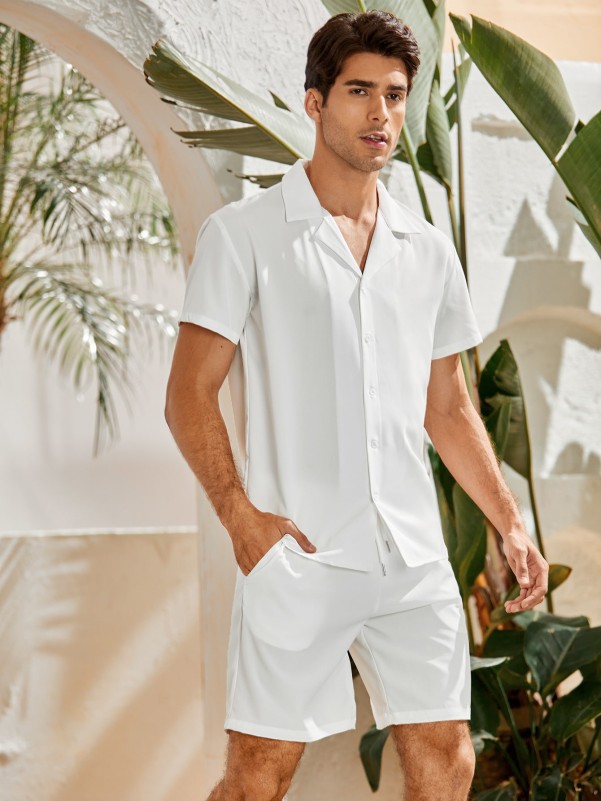 Men Solid Lapel Neck Shirt & Shorts