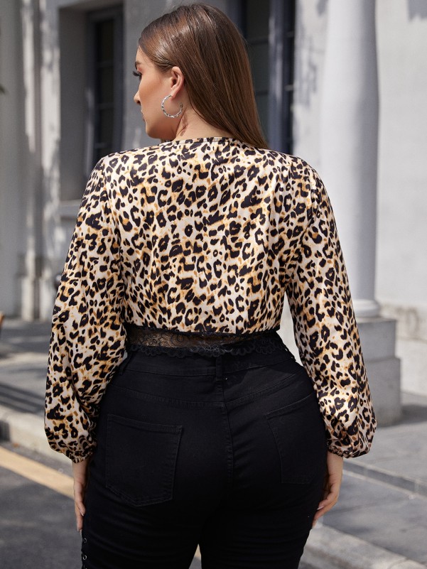 Plus Plunging Neck Lace Panel Leopard Top