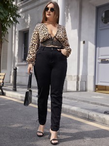 Plus Plunging Neck Lace Panel Leopard Top