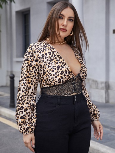 Plus Plunging Neck Lace Panel Leopard Top