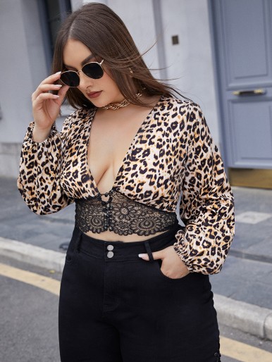 Plus Plunging Neck Lace Panel Leopard Top