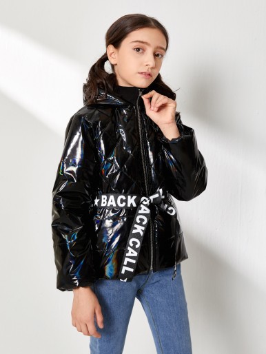 Girls Letter Belted Leather Look Puffer Jacket