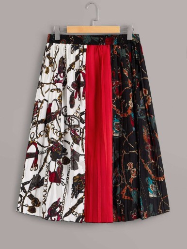 Plus Chain Print Pleated Colorblock Skirt