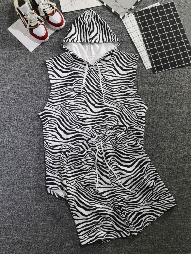 Men Zebra Striped Drawstring Hooded Tank Top & Shorts