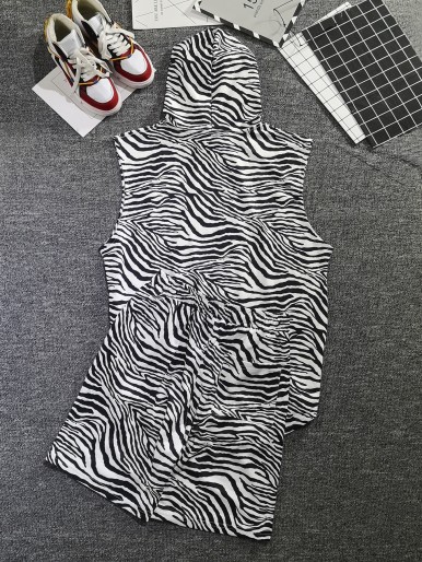 Men Zebra Striped Drawstring Hooded Tank Top & Shorts