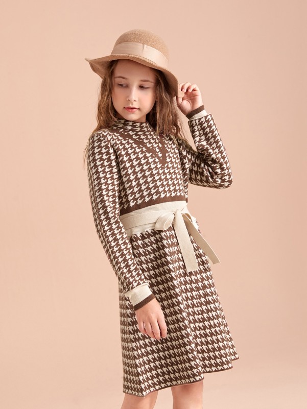 Girls Houndstooth Pattern Belted Sweater Dress