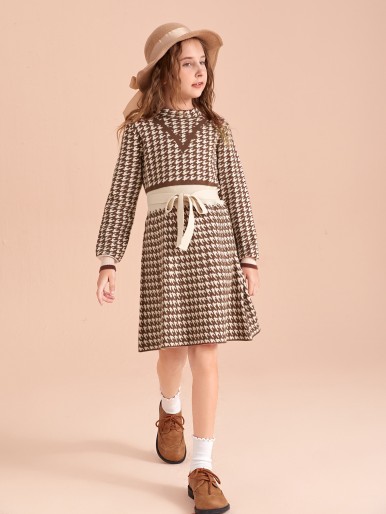 Girls Houndstooth Pattern Belted Sweater Dress