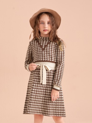 Girls Houndstooth Pattern Belted Sweater Dress