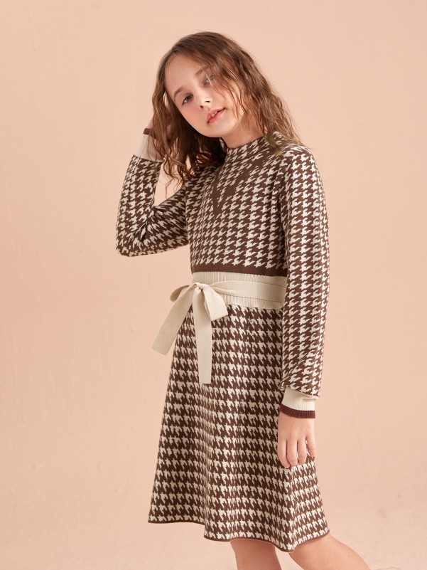 Girls Houndstooth Pattern Belted Sweater Dress