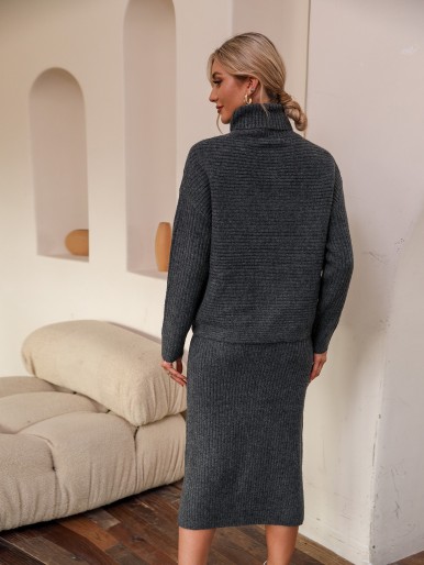 Turtle Neck Drop Shoulder Sweater & Slit Hem Knit Skirt