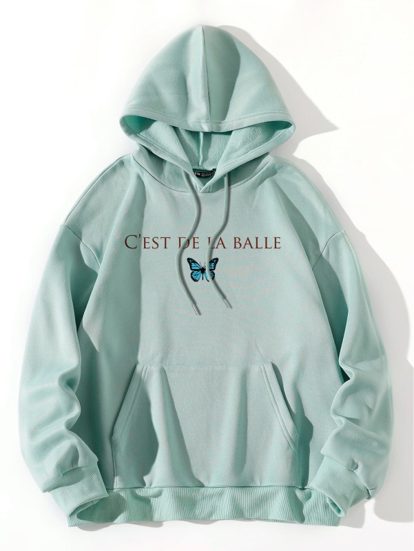 Butterfly & Slogan Graphic Drop Shoulder Drawstring Thermal Lined Hoodie