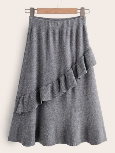 Ruffle Trim Flared Hem Knit Skirt