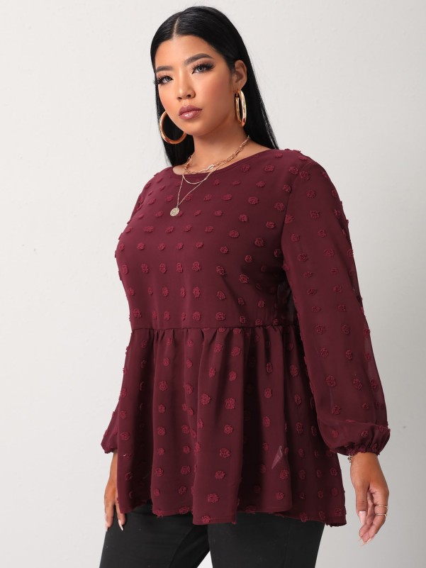 Plus Swiss Dot Ruffle Hem Tunic Blouse