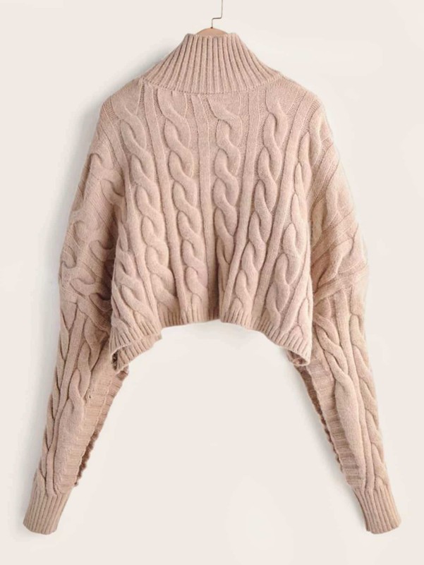 Leg-of-mutton Sleeve Cable Knit Crop Sweater
