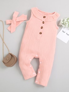 Baby Girl Half Button Ruffle Trim Jumpsuit & Headband