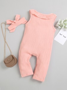 Baby Girl Half Button Ruffle Trim Jumpsuit & Headband