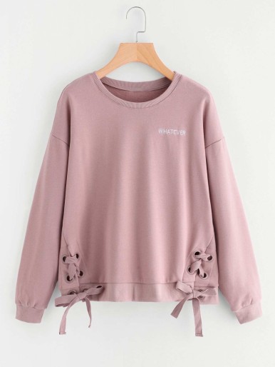 Grommet Lace Up Hem Embroidered Pullover