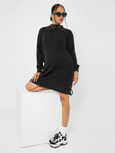 Maternity Mock Neck Solid Drop Shoulder Sweater Dress